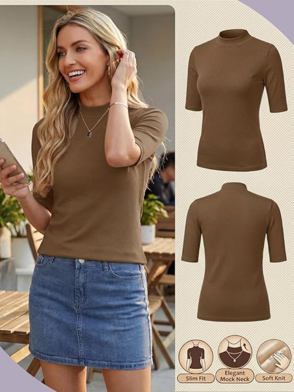 Brown Mock Neck Short Sleeve Shirt